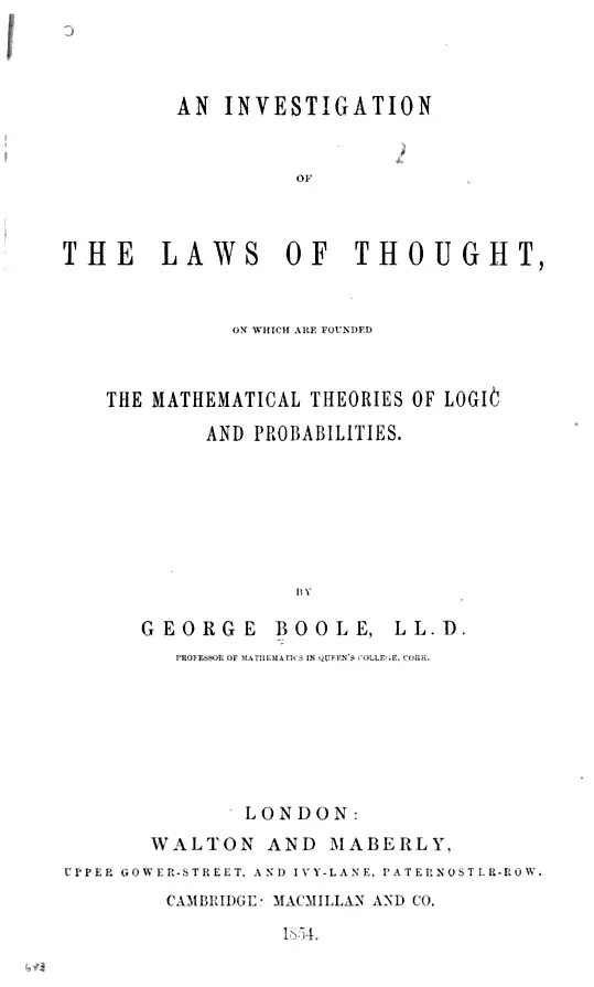 «An Investigation of the Laws of Thought», Лондон, 1854 — титульный лист
