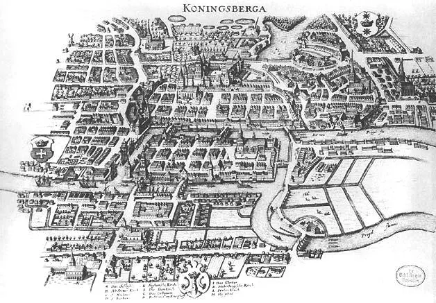 Кёнигсберг на плане Мериана, 1652: Прегель, остров Кнайпхоф посередине и мосты между частями города