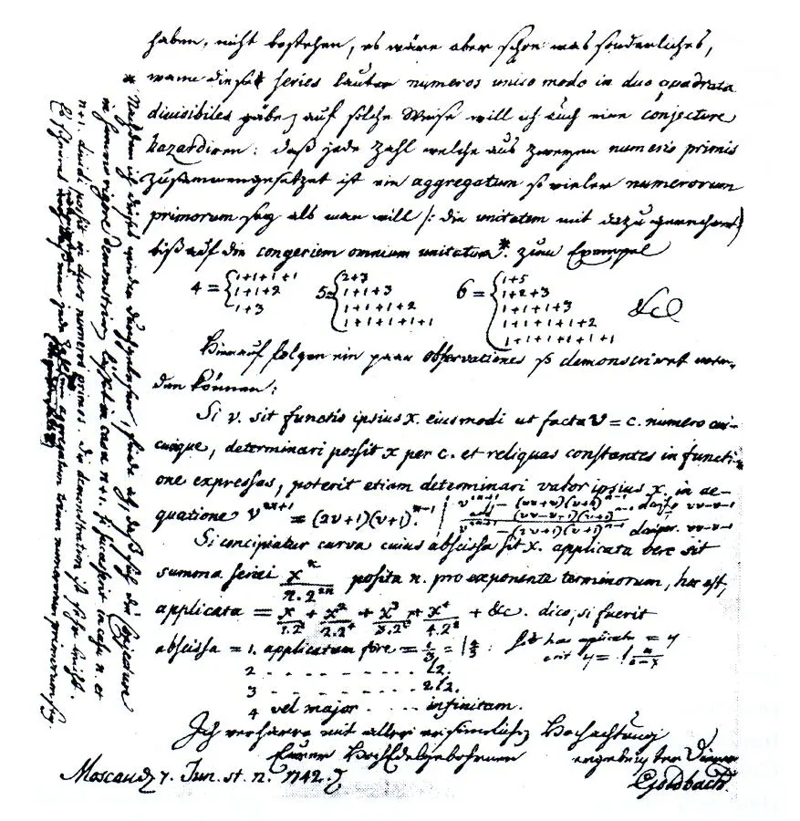 То самое письмо Гольдбаха Эйлеру от 7 июня 1742 года. Гипотеза приписана на полях