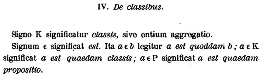 Страница «Arithmetices principia» 1889 года: первое в истории употребление знака ∈ — по-гречески ἐστί, «есть»