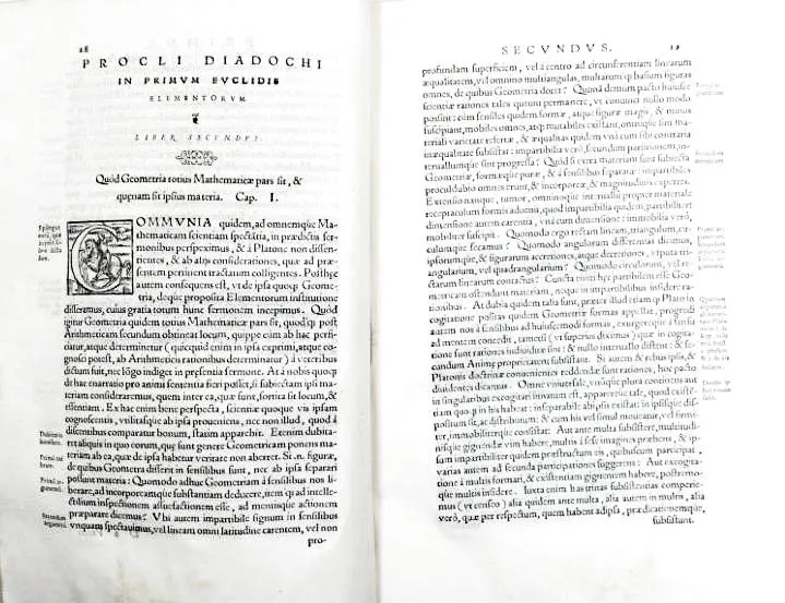Первое латинское издание комментария Прокла к первой книге «Начал», 1560 год: начало второй книги — «PROCLI DIADOCHI IN PRIMVM EVCLIDIS ELEMENTORVM». Всё, что известно о раннем счёте паркетов, дошло через эту книгу