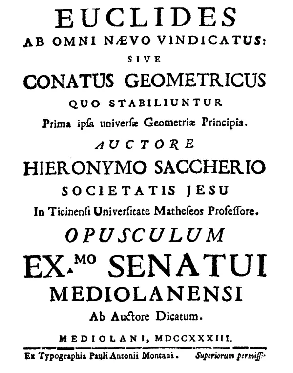 «Euclides ab omni naevo vindicatus», 1733 — книга, вышедшая в год смерти автора