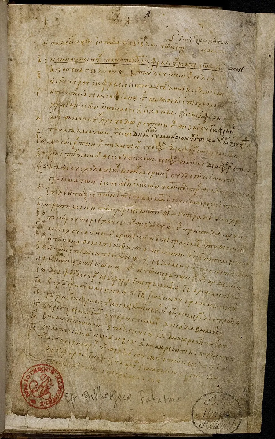 Лист Палатинского кодекса, византийской рукописи IX–X веков: единственного списка, по которому известна Палатинская антология. Книга XIV — задачи в стихах